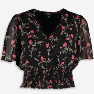 🔸️NWT Haver Black w/Red Floral Print Short Flutter Sleeve Top Small